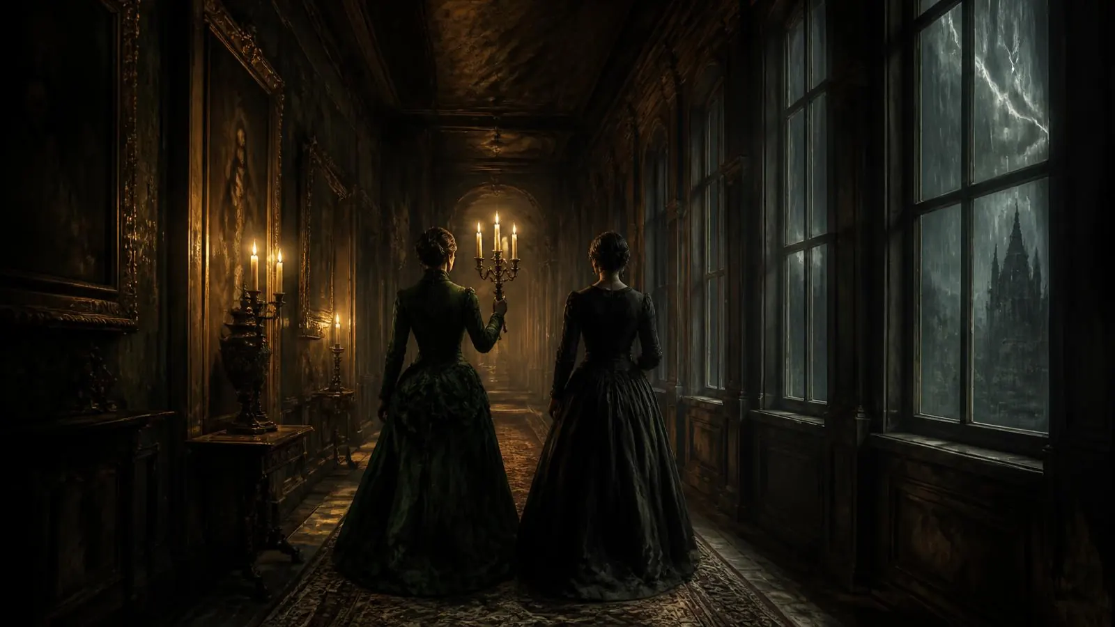 Two women in Victorian dress carrying a candelabra down a dark candlelit corridor of an old manor house during a storm