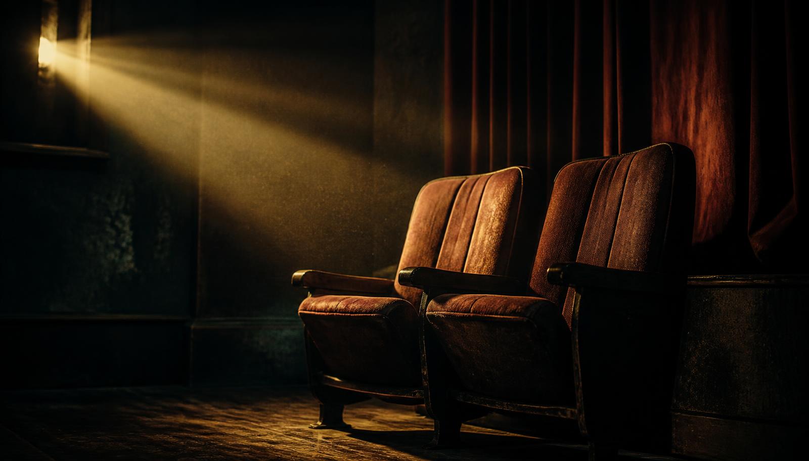Two empty velvet cinema seats lit by a projector beam in a darkened art-house theatre