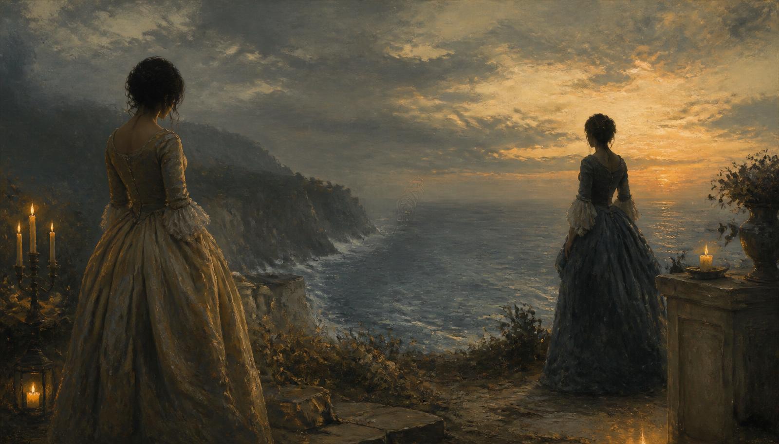 Painterly scene of two women in 18th-century dresses on a windswept coastal cliff at dusk