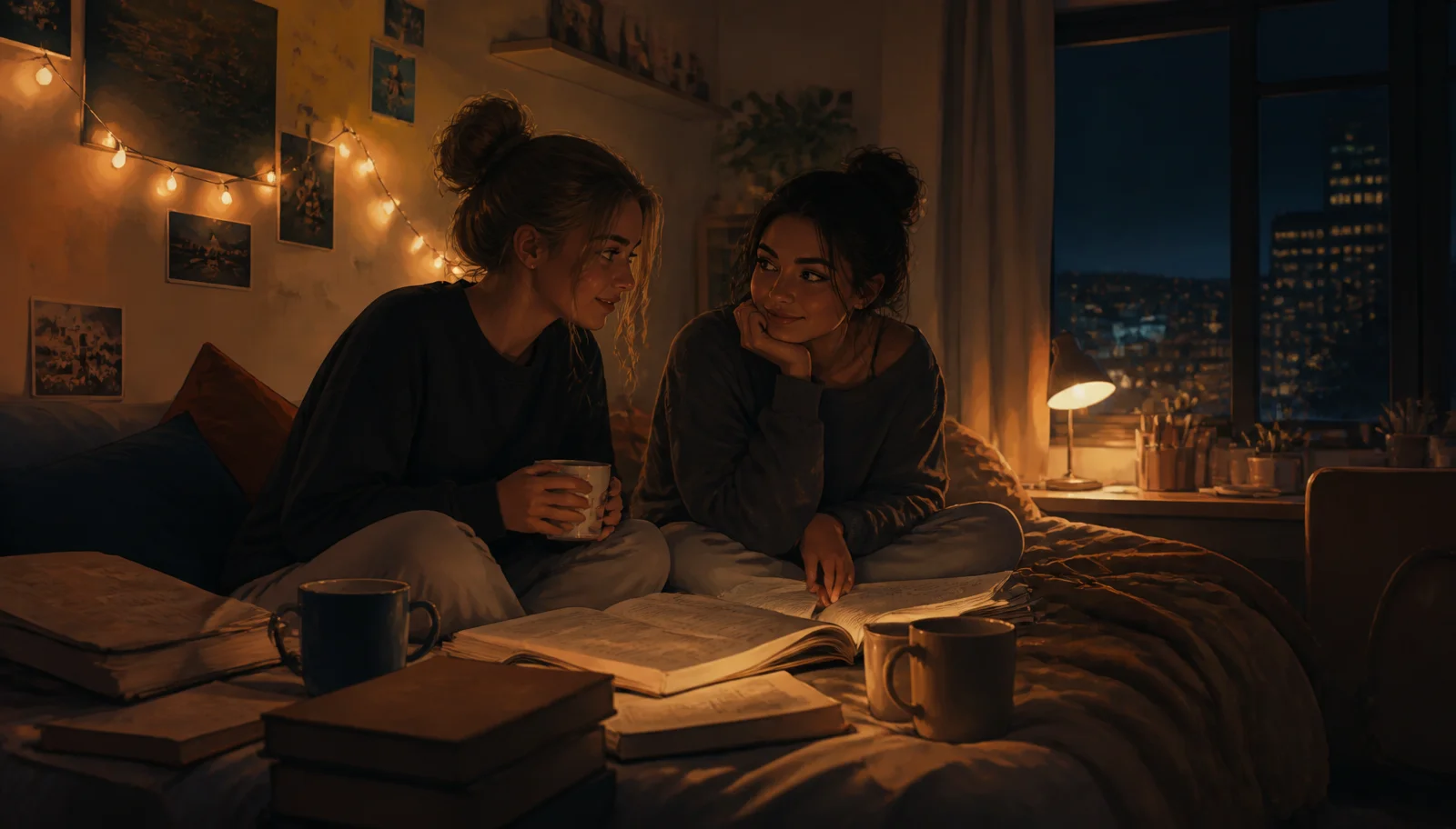 Two young women talking on a dorm bed at night, fairy lights glowing and books scattered around them