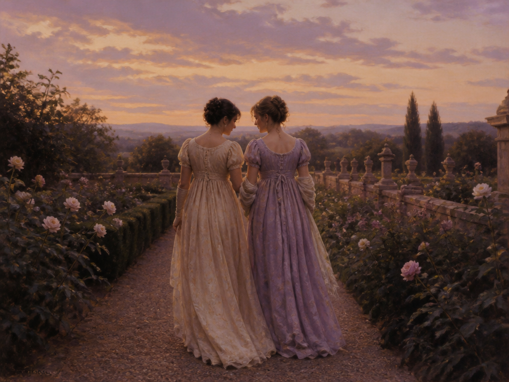 Two women in Regency gowns walking arm in arm along a garden path at dusk