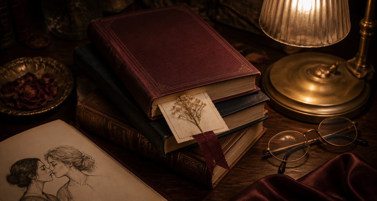 A stack of sapphic books lit by a warm brass reading lamp