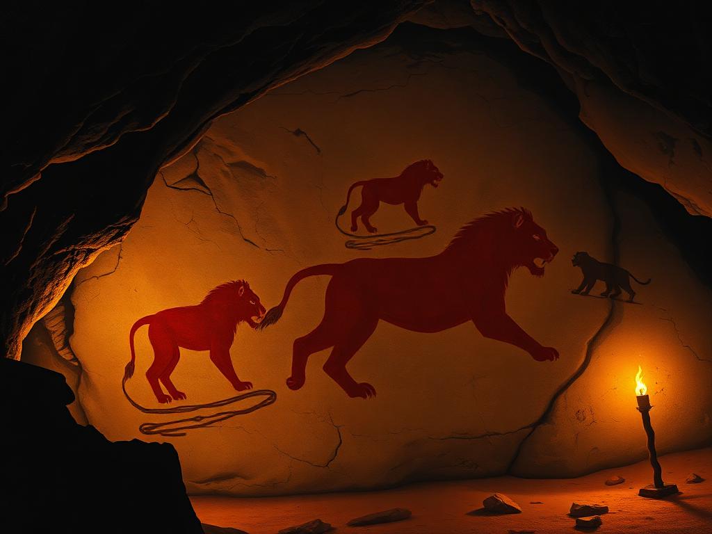 Chauvet Cave lion paintings illuminated by firelight on a limestone wall