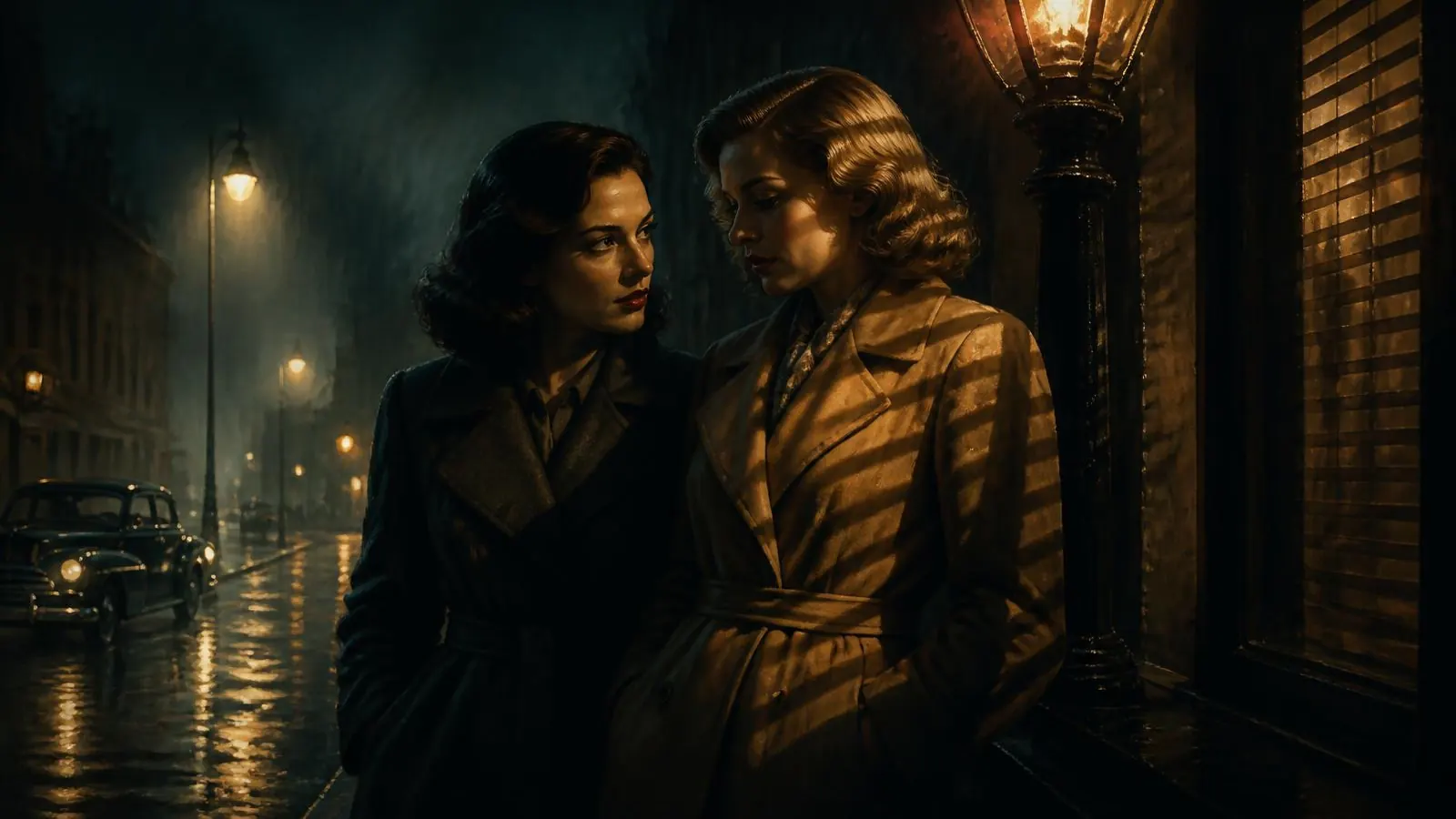 Two women in 1940s coats standing together beneath a street lamp on a rain-slicked noir city street at night