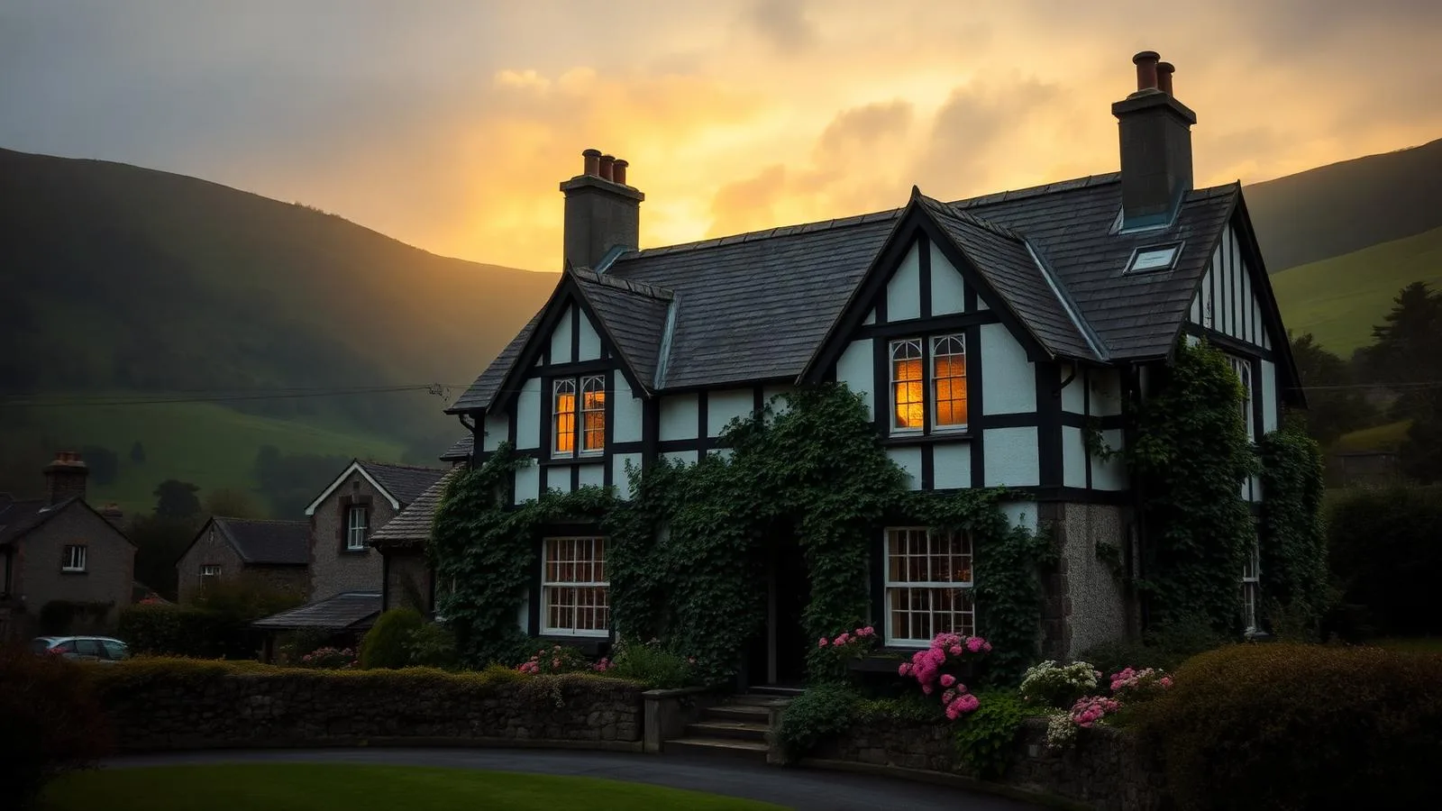 A moody dusk view of a Gothic Revival cottage in the Welsh hills of Llangollen, ivy-covered walls and warmly lit windows