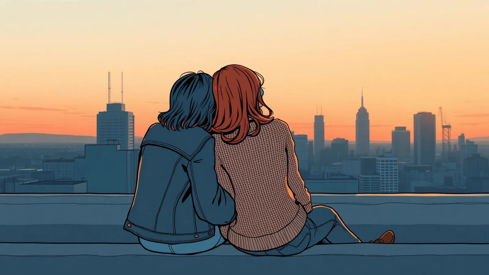 Graphic novel style illustration of two women sitting close together on a city rooftop at sunset