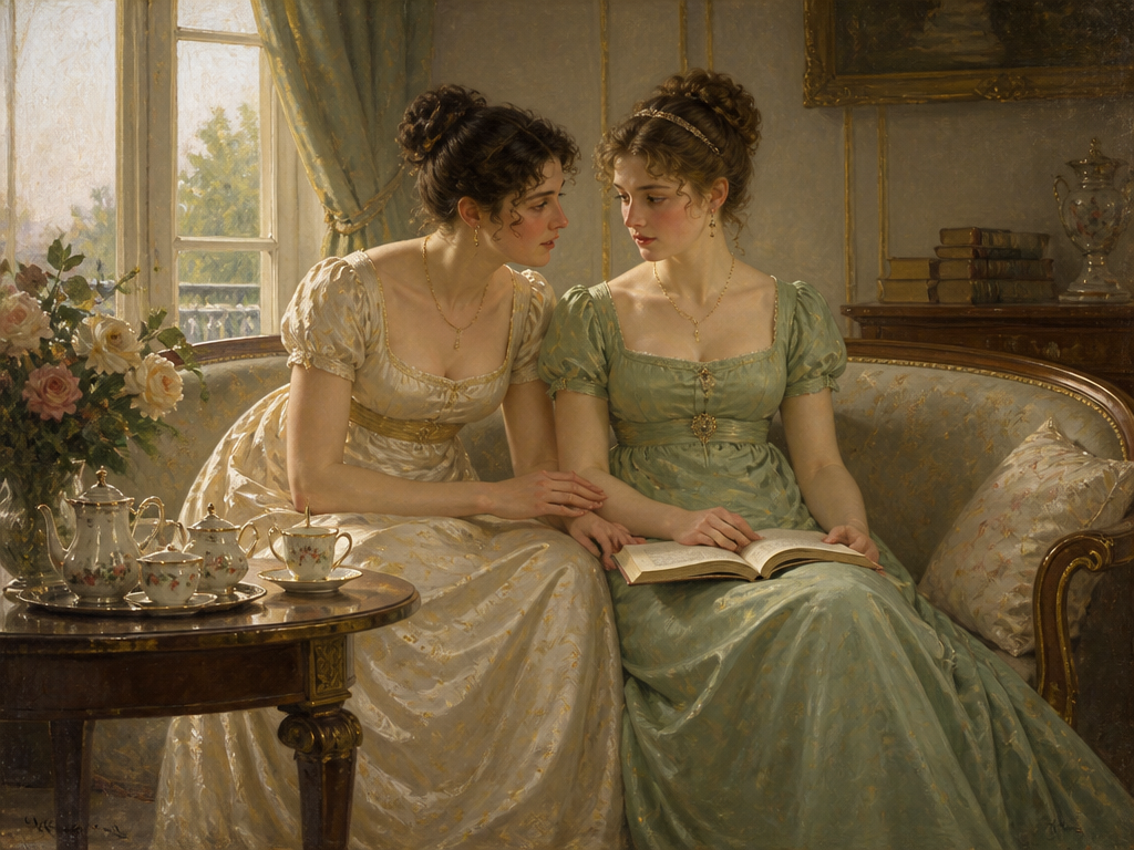 Two women in Regency dress seated together in a drawing room, one holding an open book