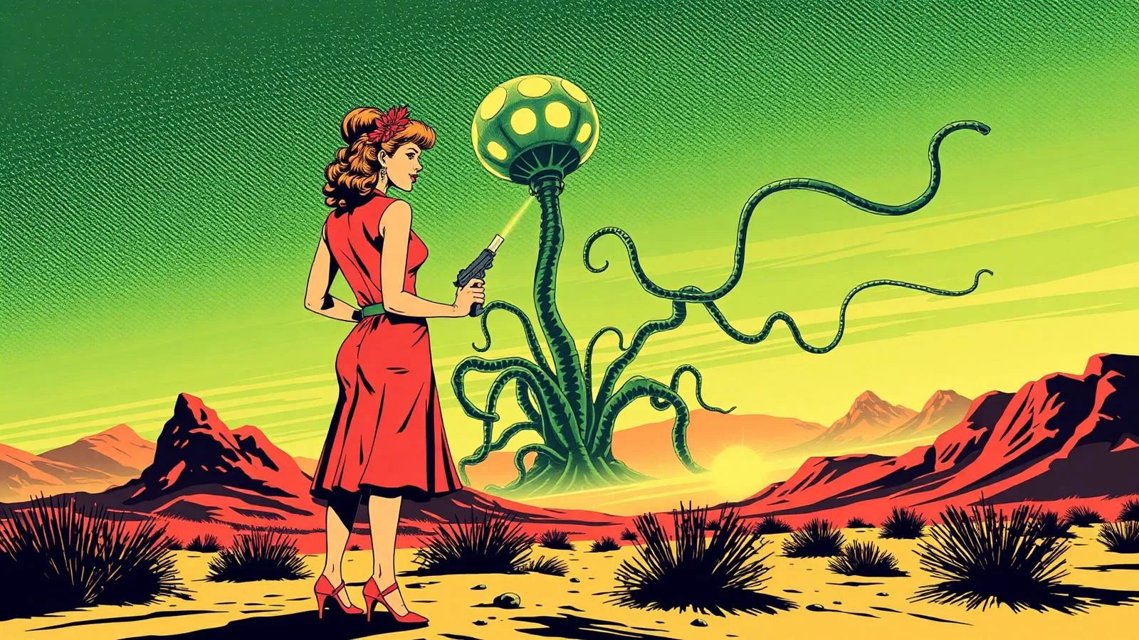 Retro 1950s pulp comic illustration of a woman with a ray gun facing a giant radioactive plant monster