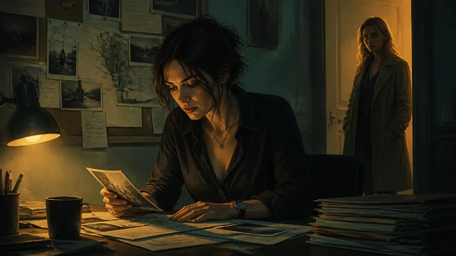 A contemporary woman private investigator studying case photographs by lamplight while another woman watches from the doorway