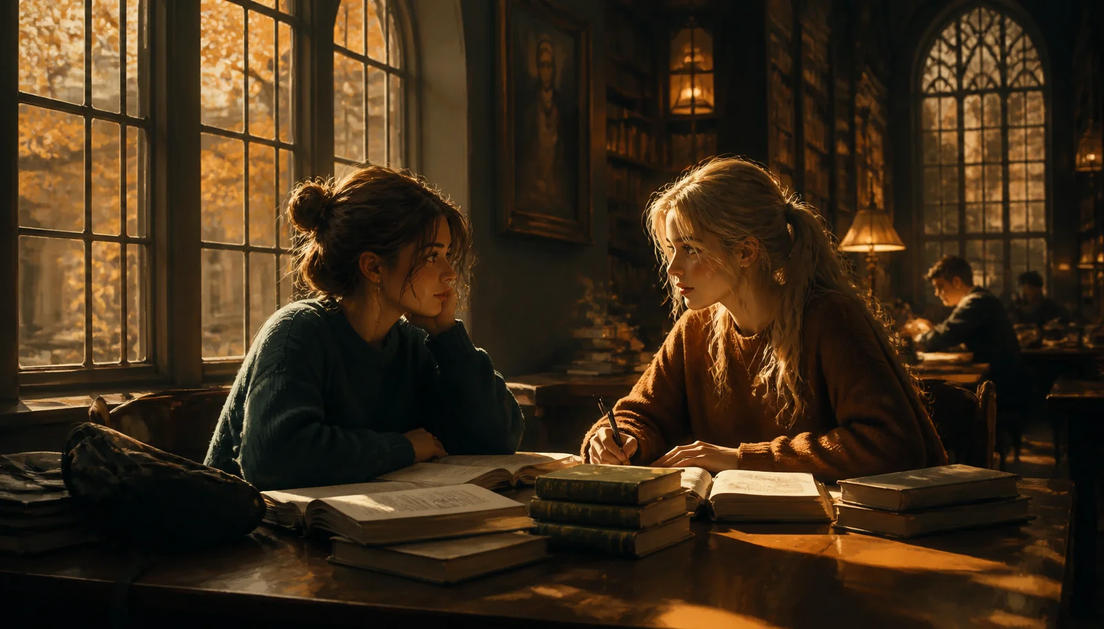 Two young women studying together at a sunlit university library table, books open between them