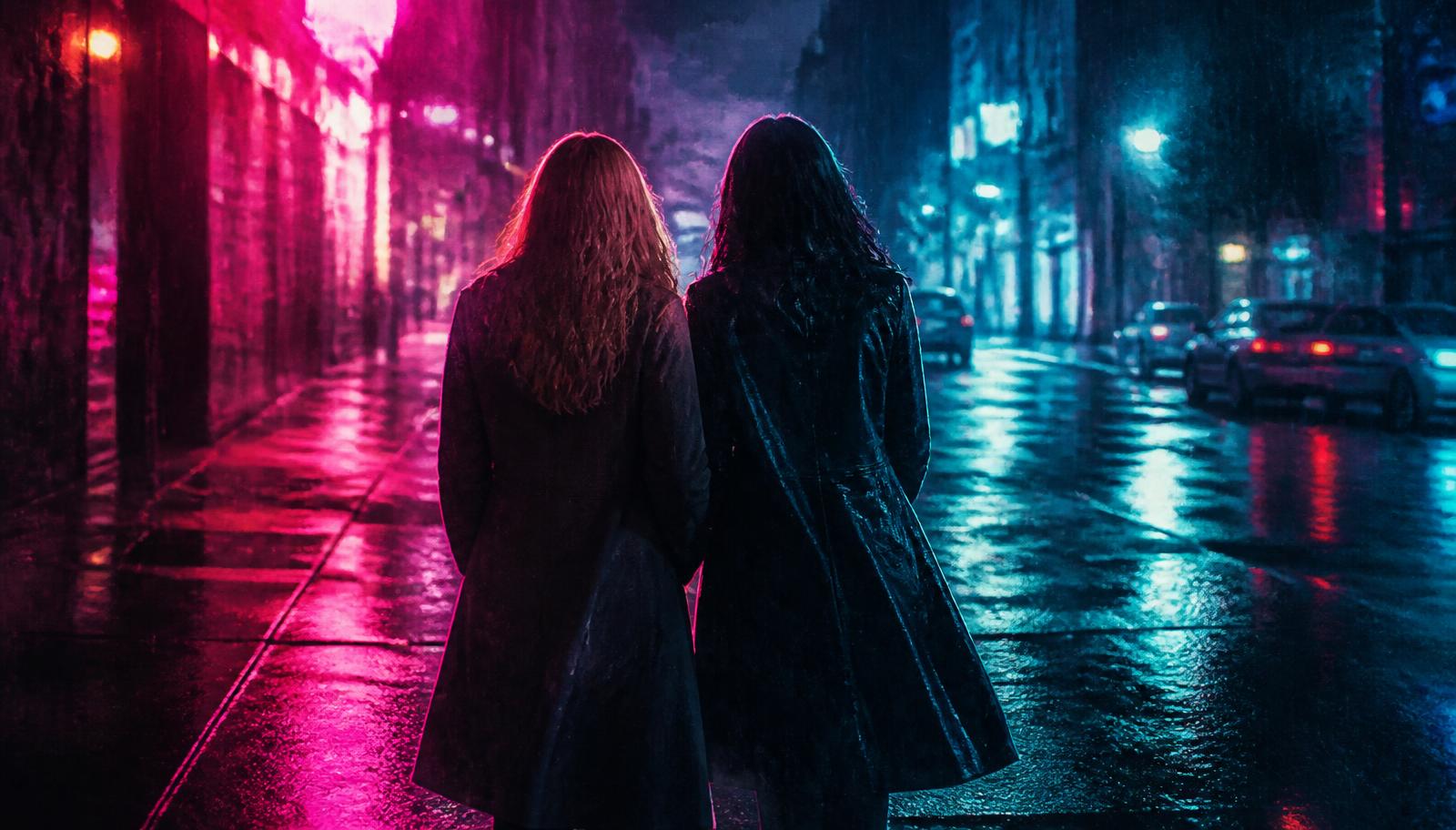 Two women in coats standing close together on a neon-lit rainy city street at night