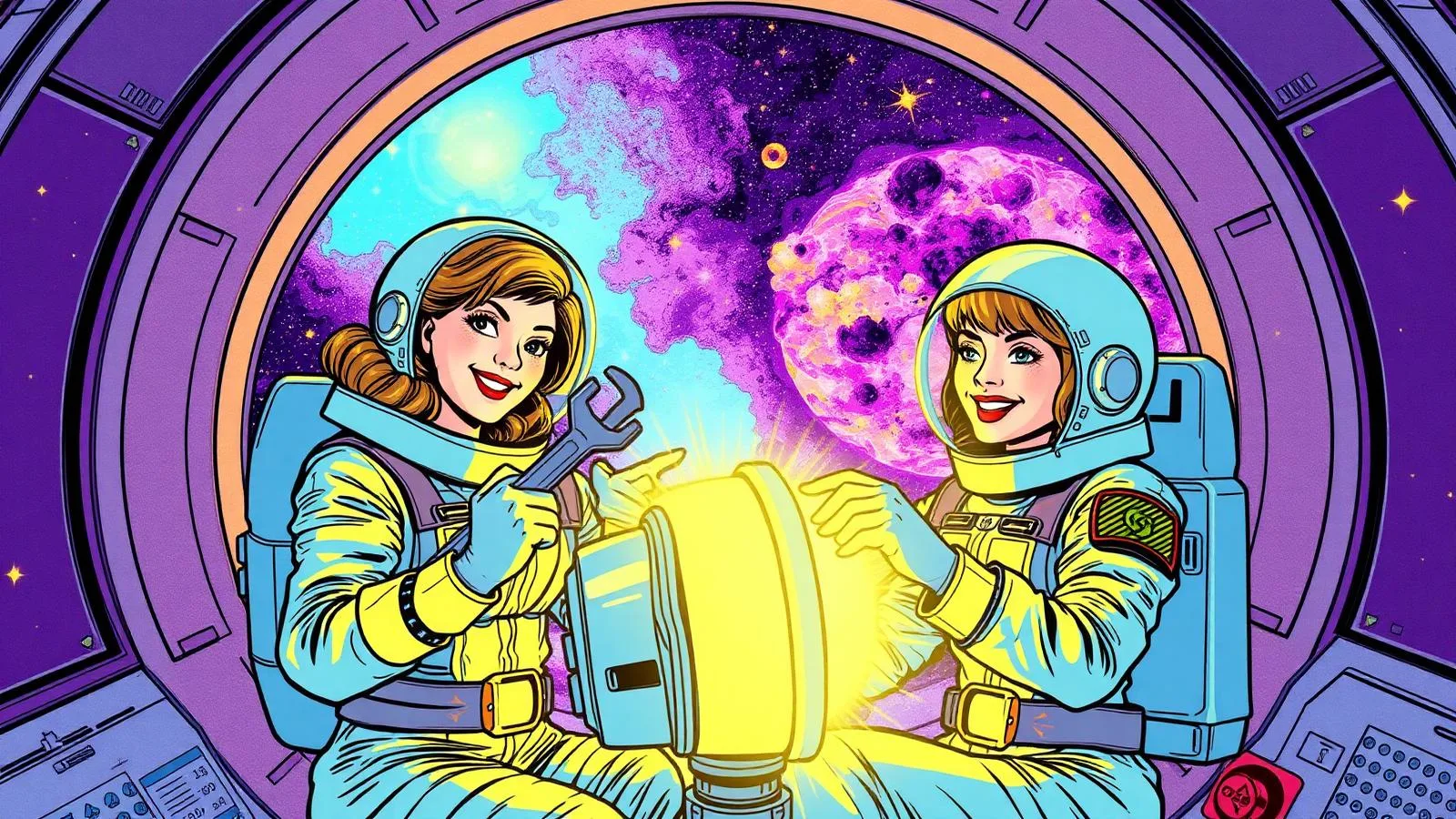 Pulp comic style illustration of two women astronauts repairing a glowing engine aboard a spaceship