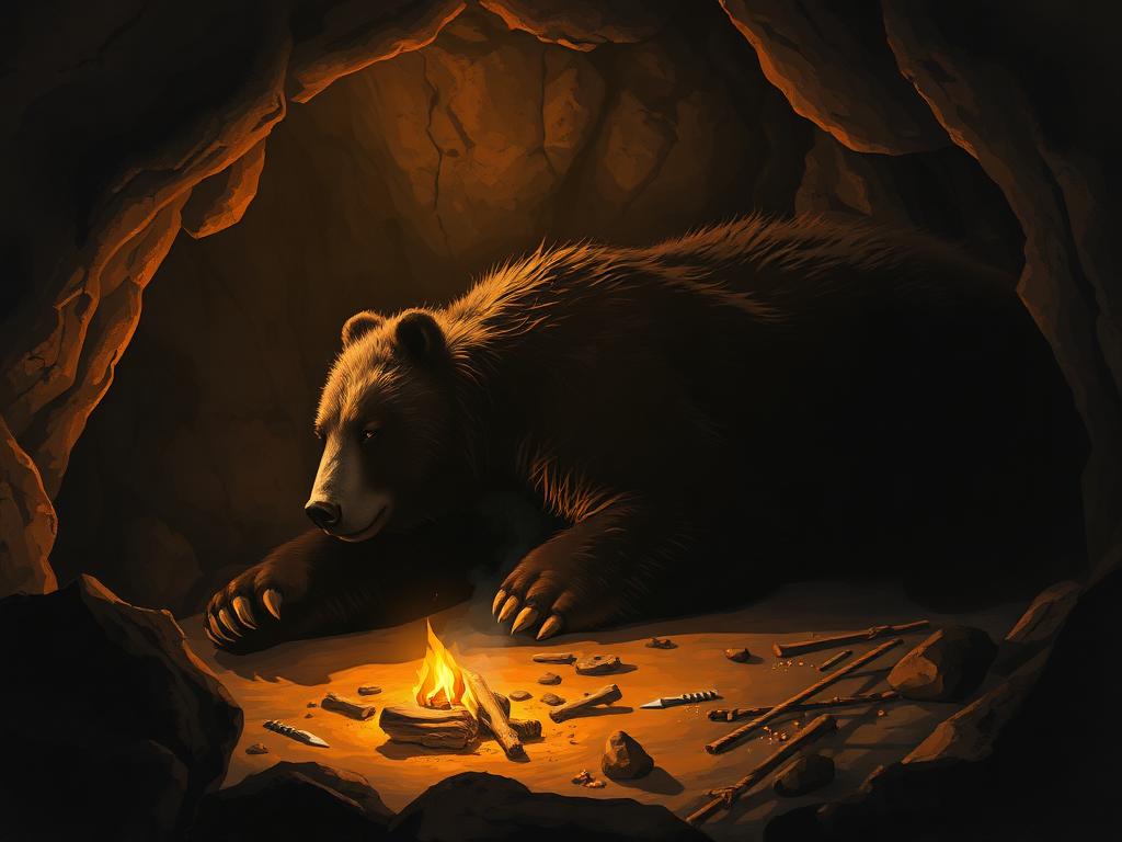 A cave bear resting in a dark limestone chamber, illuminated by a small fire