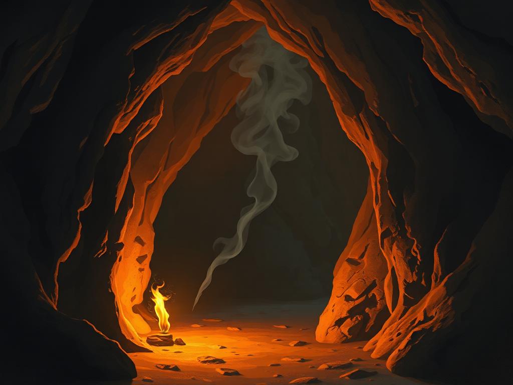 Smoke drifting through a narrow Chauvet Cave passage, lit by a small Paleolithic flame